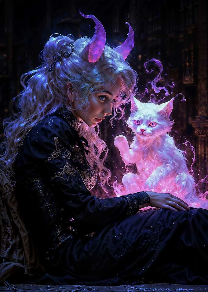 Fantasy Witch Girl with and Her Cat