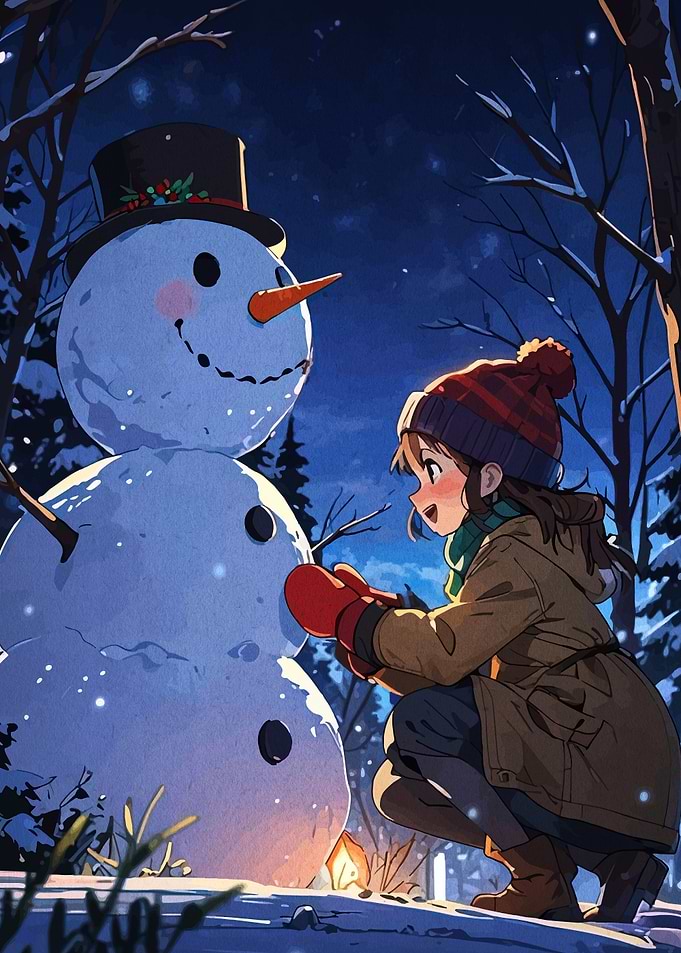 Girl Building a Snowman in Winter
