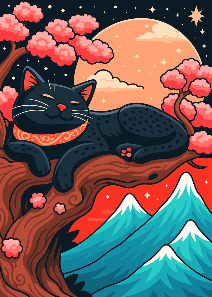 Black Cat on Cherry Blossom Tree