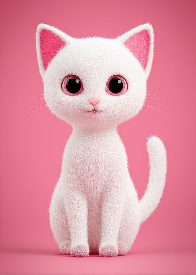 Cute White Cartoon Cat on Pink