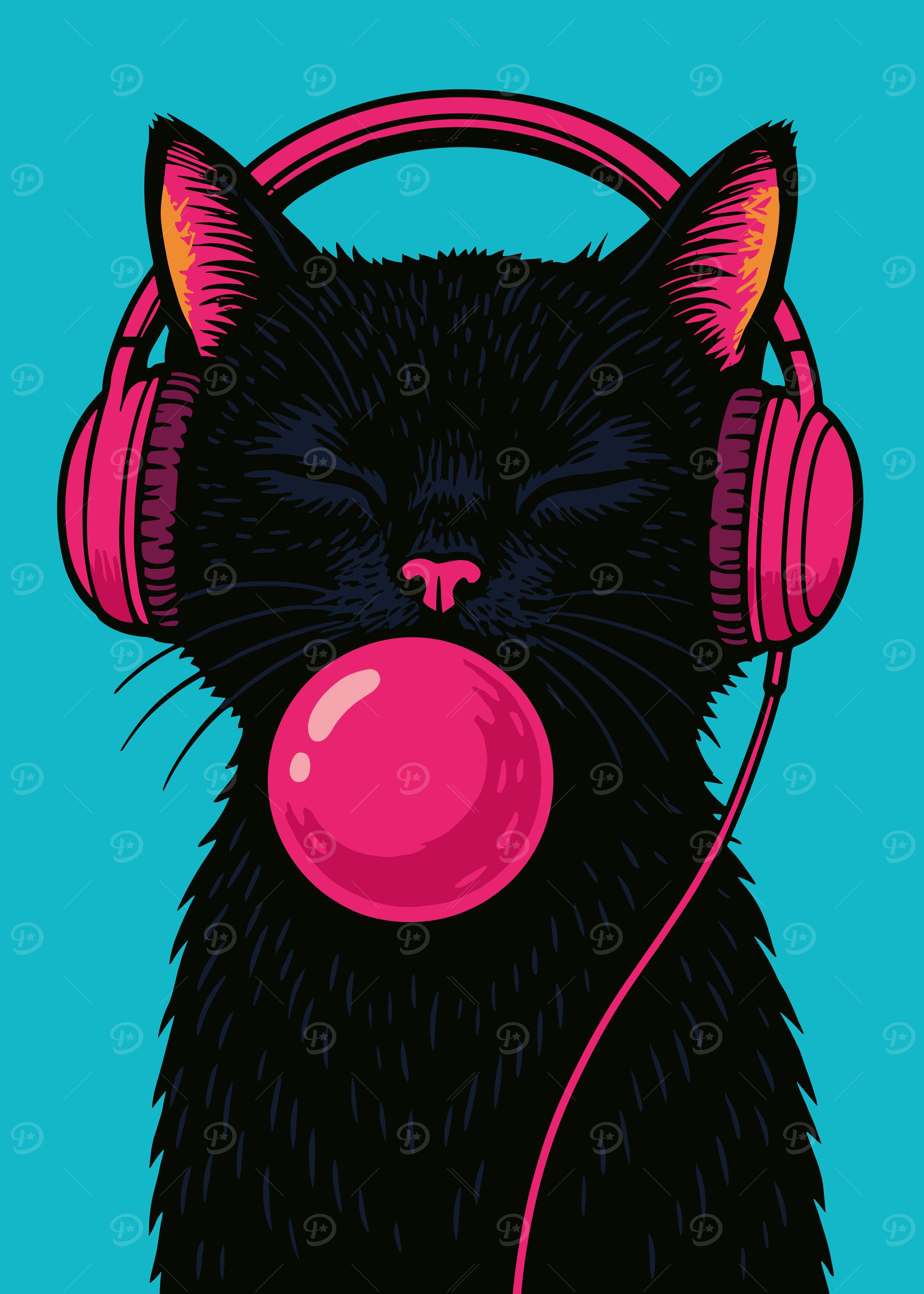 Cat with Headphones and Bubblegum