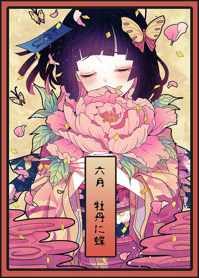 Anime Girl with Peony and Butterflies