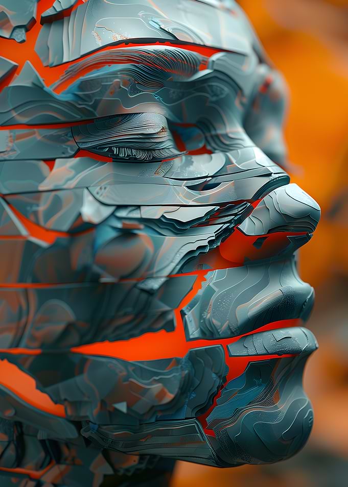 Abstract Face Sculpture with Orange Accents