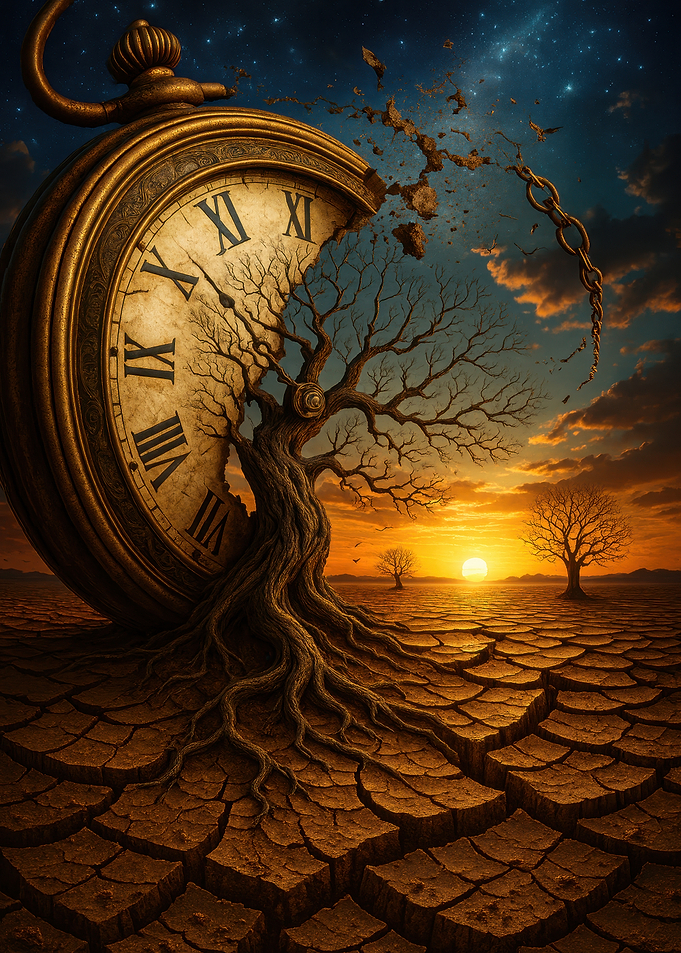 Surreal Time Landscape with Tree and Clock