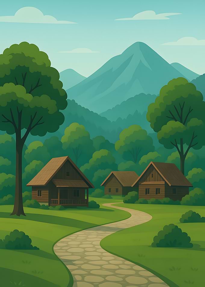 Cartoon Landscape with Cabins and Mountains