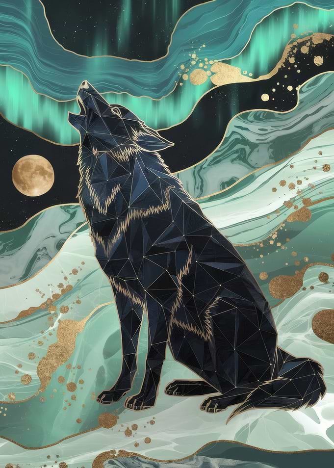 Geometric Wolf Howling Under Aurora Borealis