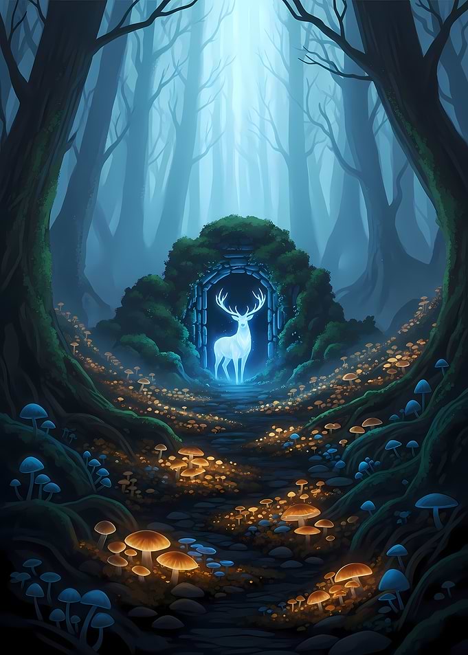 Mystical Glowing Stag in Stone Archway with Luminous Mushrooms – Enchanted Misty Forest Wall Art