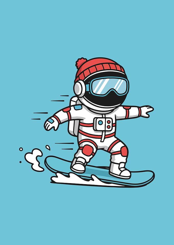 Astronaut Snowboarding Cartoon on Blue Background