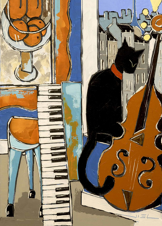 Abstract Painting: Cat, Bass, and Cityscape