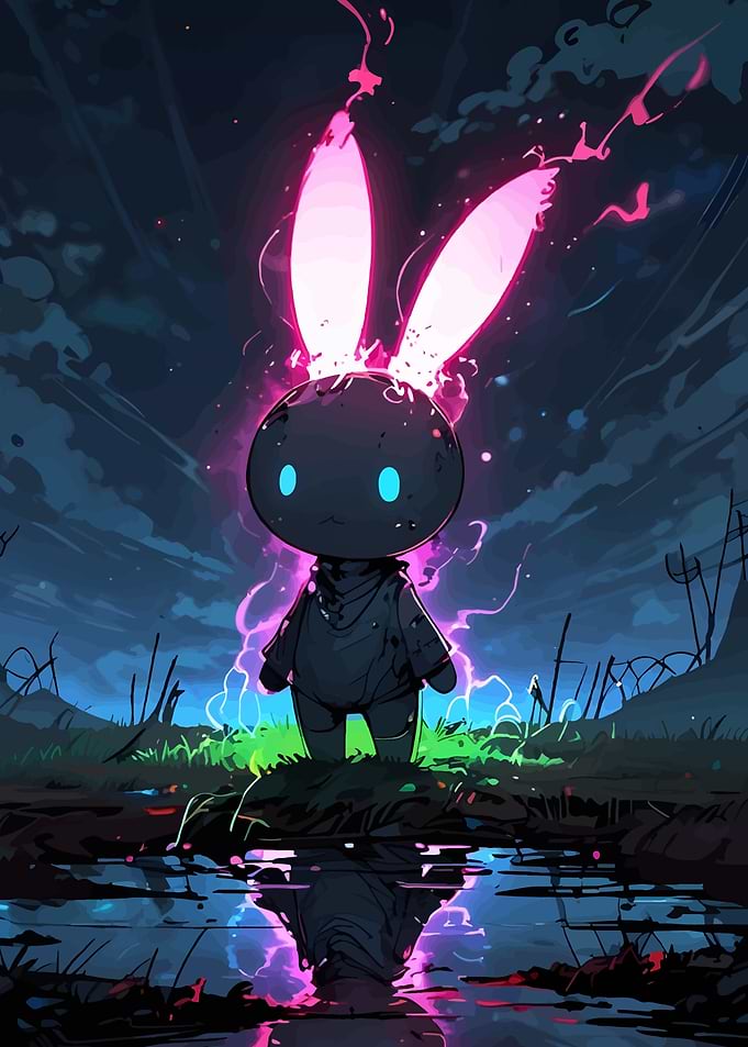 Glowing Bunny Character in Dark Landscape