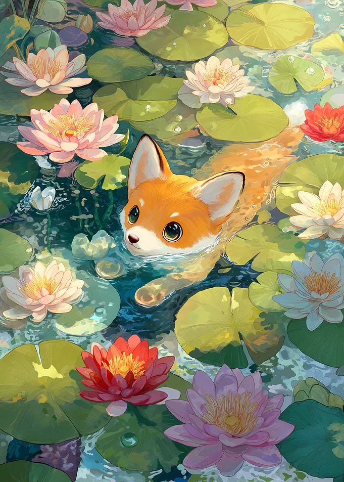 Fox cub swimming in a lily pond