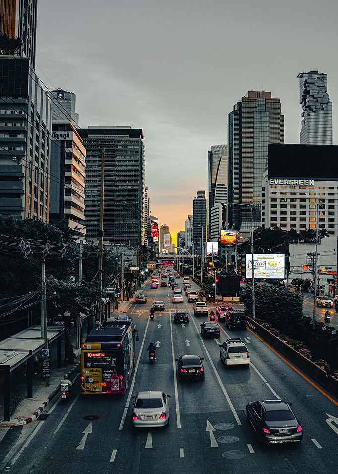 Bangkok cityscape at dusk with traffic