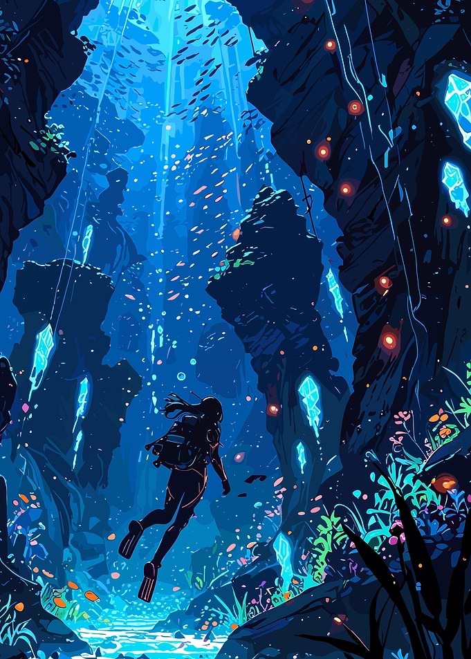 Underwater Cave Diver Illustration