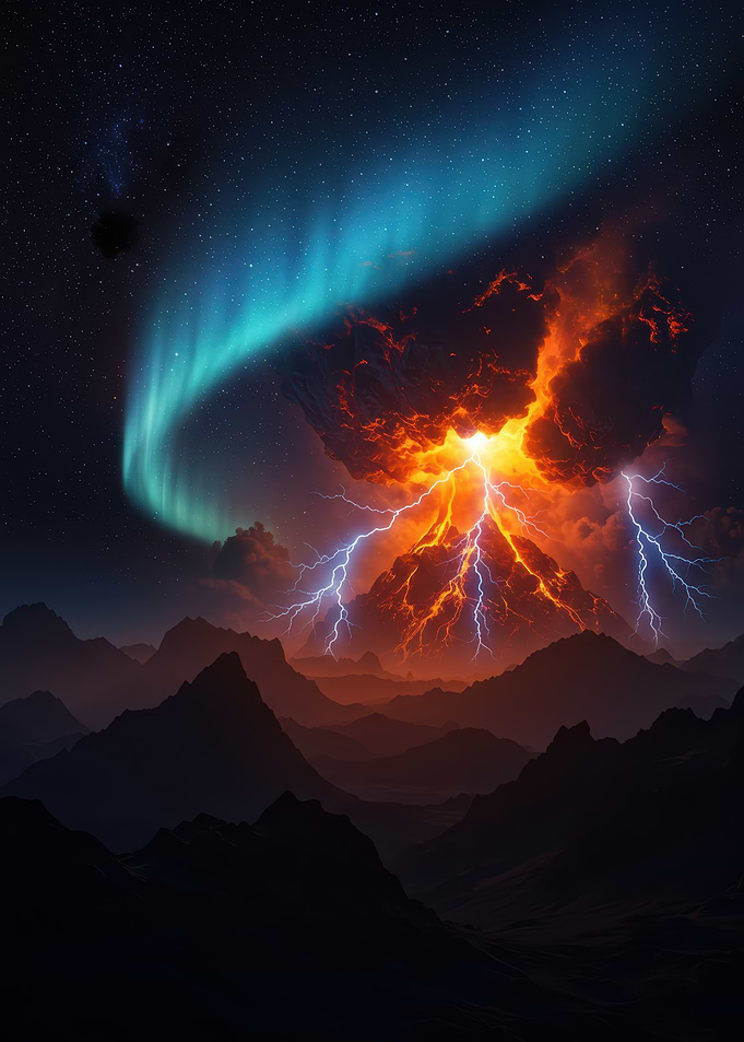 Volcanic Eruption with Aurora Borealis