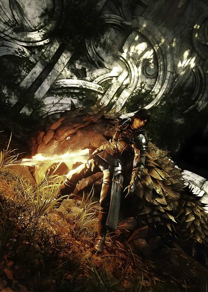 Warrior and Dragon in Ancient Ruins