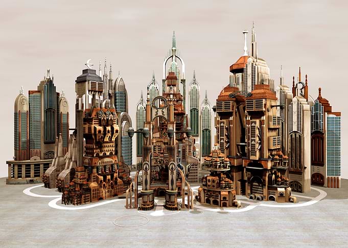 Steampunk Cityscape with Ornate Buildings