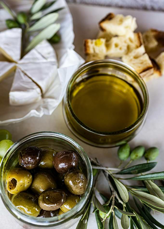 Mediterranean Appetizers: Cheese, Olives, Oil