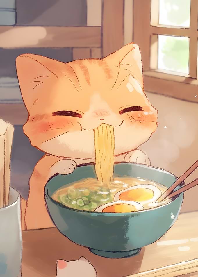 Cute Cat Eating Ramen Illustration