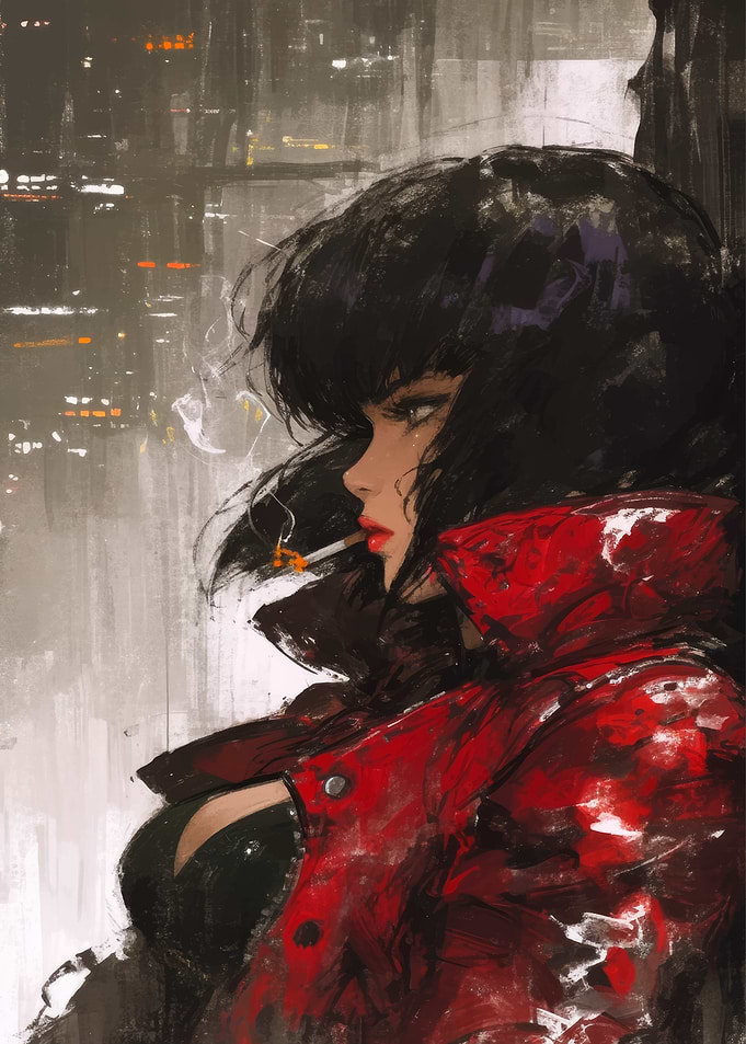 Woman in Red Coat Smoking