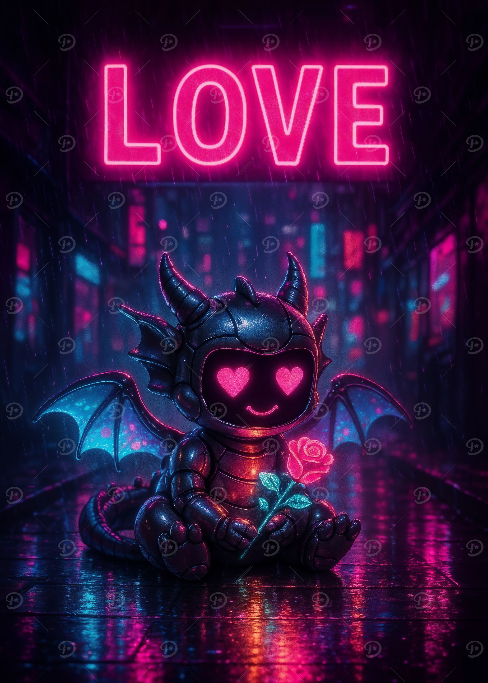 Cute Cyber Dragon Robot under Neon Love Sign