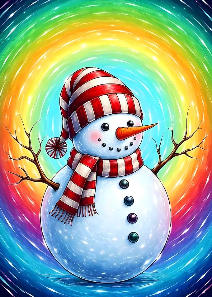 Snowman on Swirling Rainbow Background