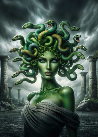 Medusa Portrait with Snakes and Columns