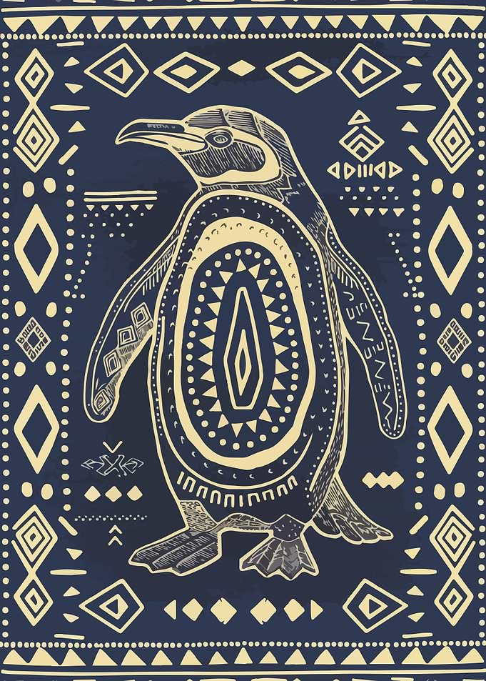Penguin with Tribal Pattern on Blue