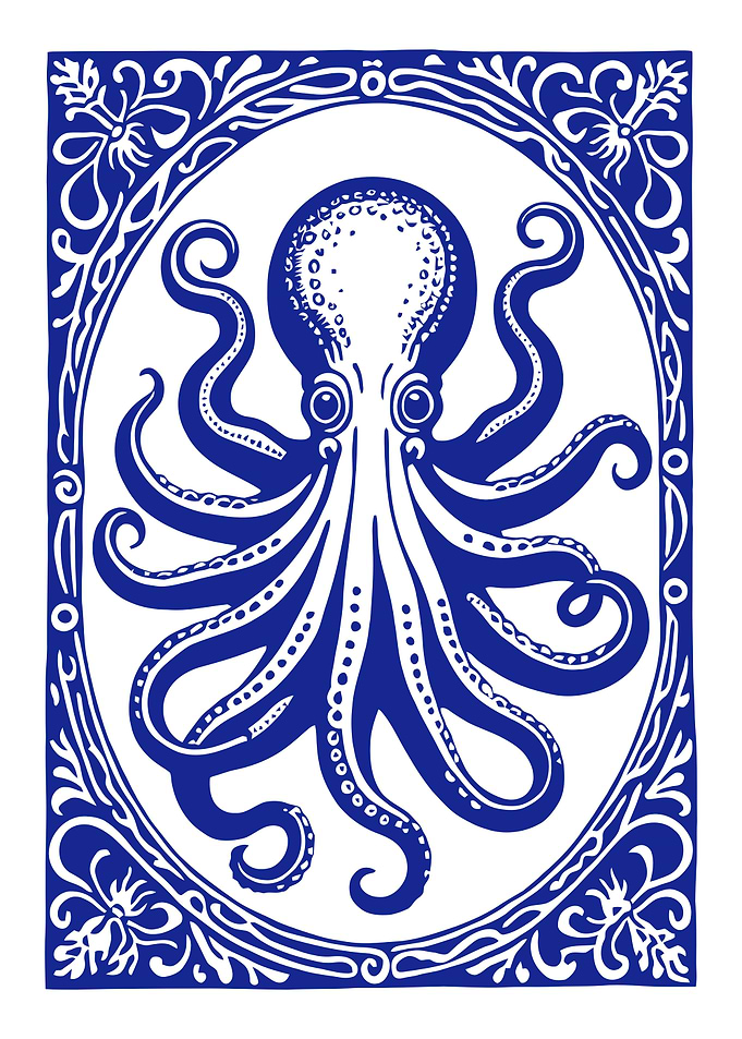 Blue Octopus in Decorative Frame