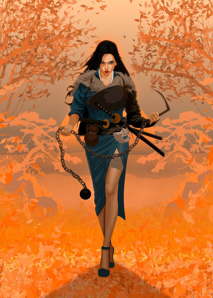 Female Warrior in Autumn Landscape