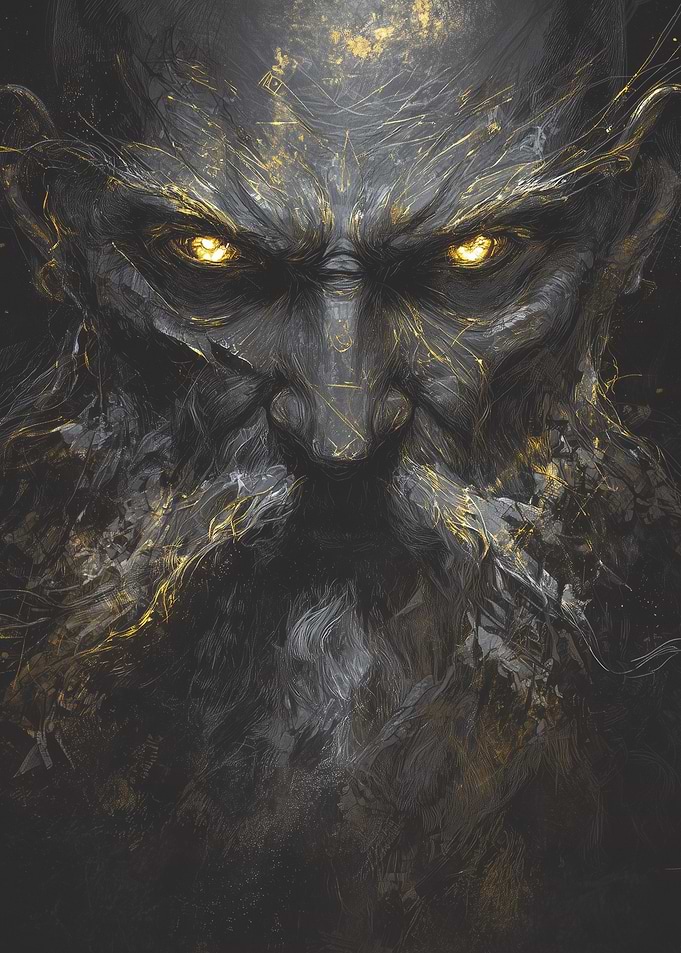 Grim Bearded Figure with Glowing Eyes