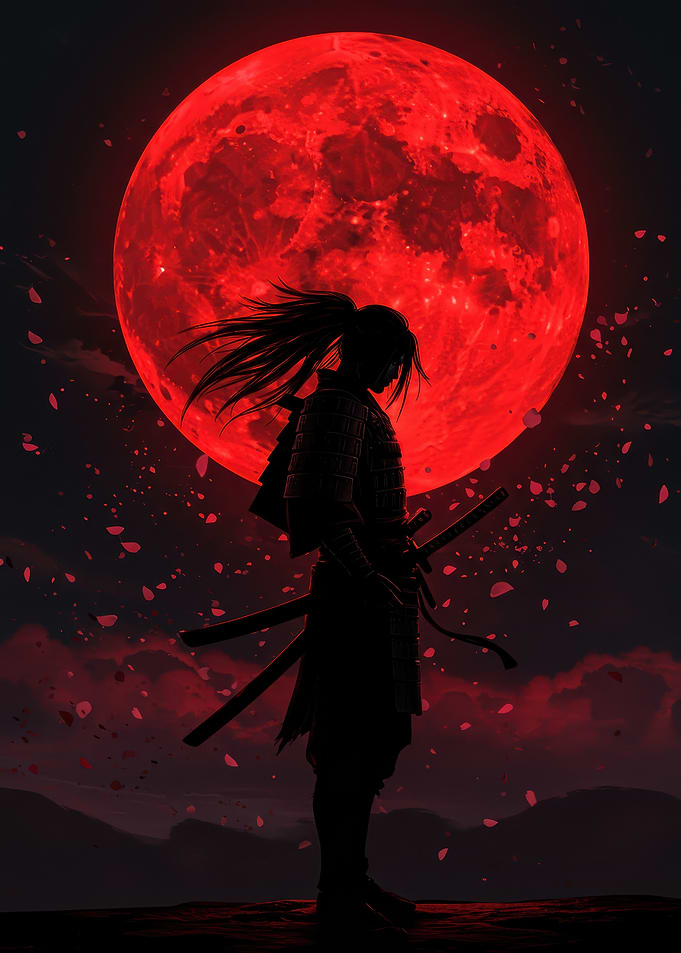Silhouette of Samurai with Red Moon