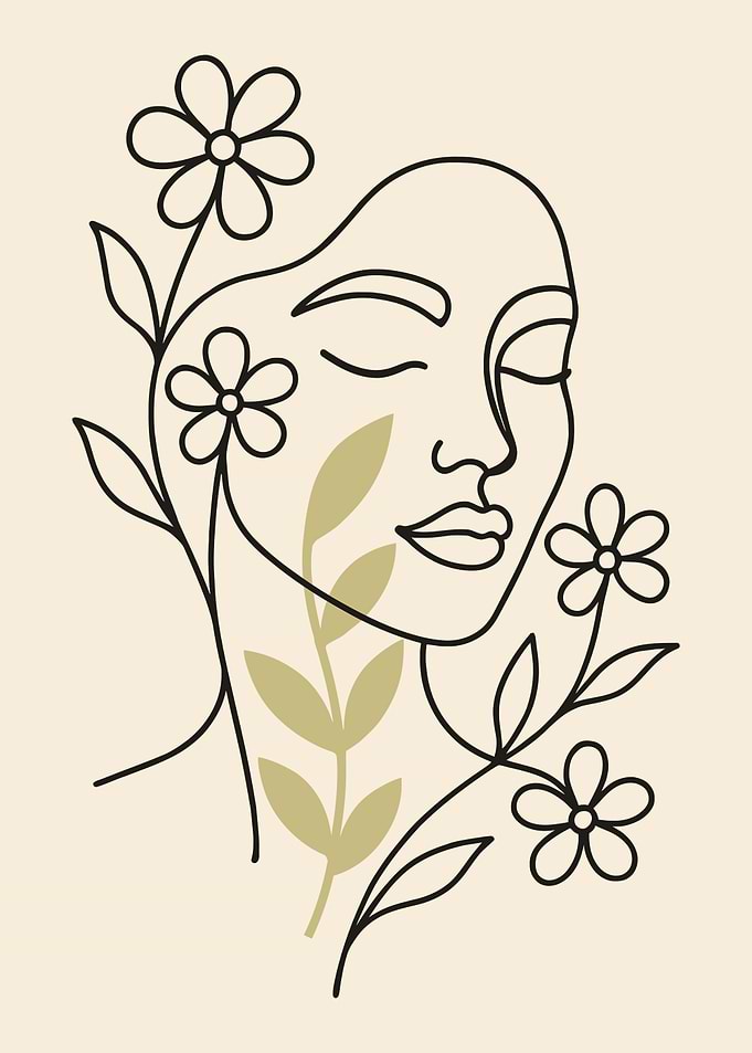 Minimalist Line Art Woman with Flowers