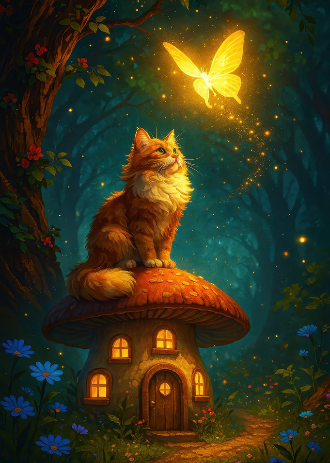 Cat on Mushroom House with Butterfly
