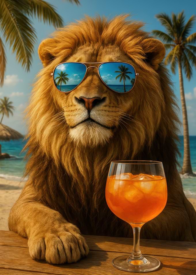 Lion with Sunglasses on Tropical Beach