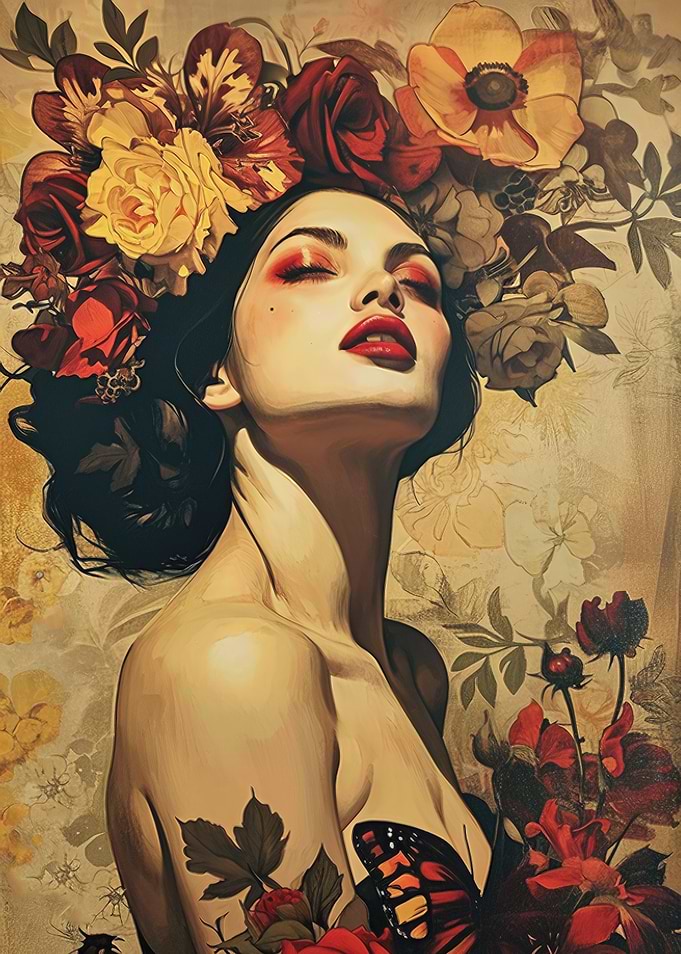 Floral Woman Portrait with Butterfly