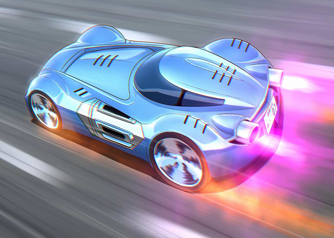 Futuristic Blue Car Speeding with Flames