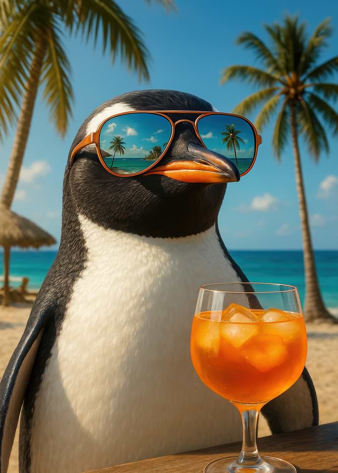 Penguin with Sunglasses on Tropical Beach