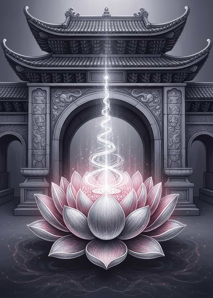 Lotus Flower with Asian Temple