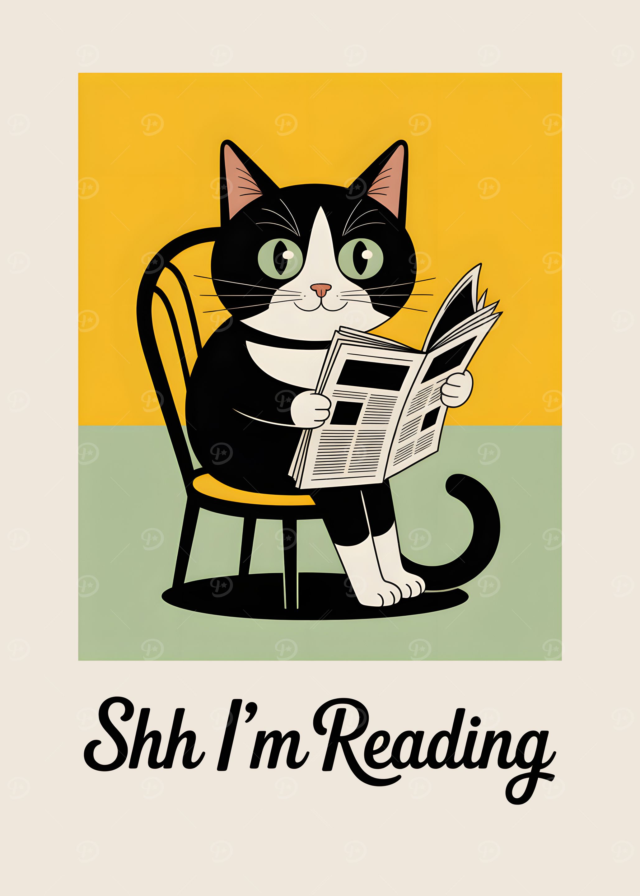 Cat reading newspaper on chair illustration