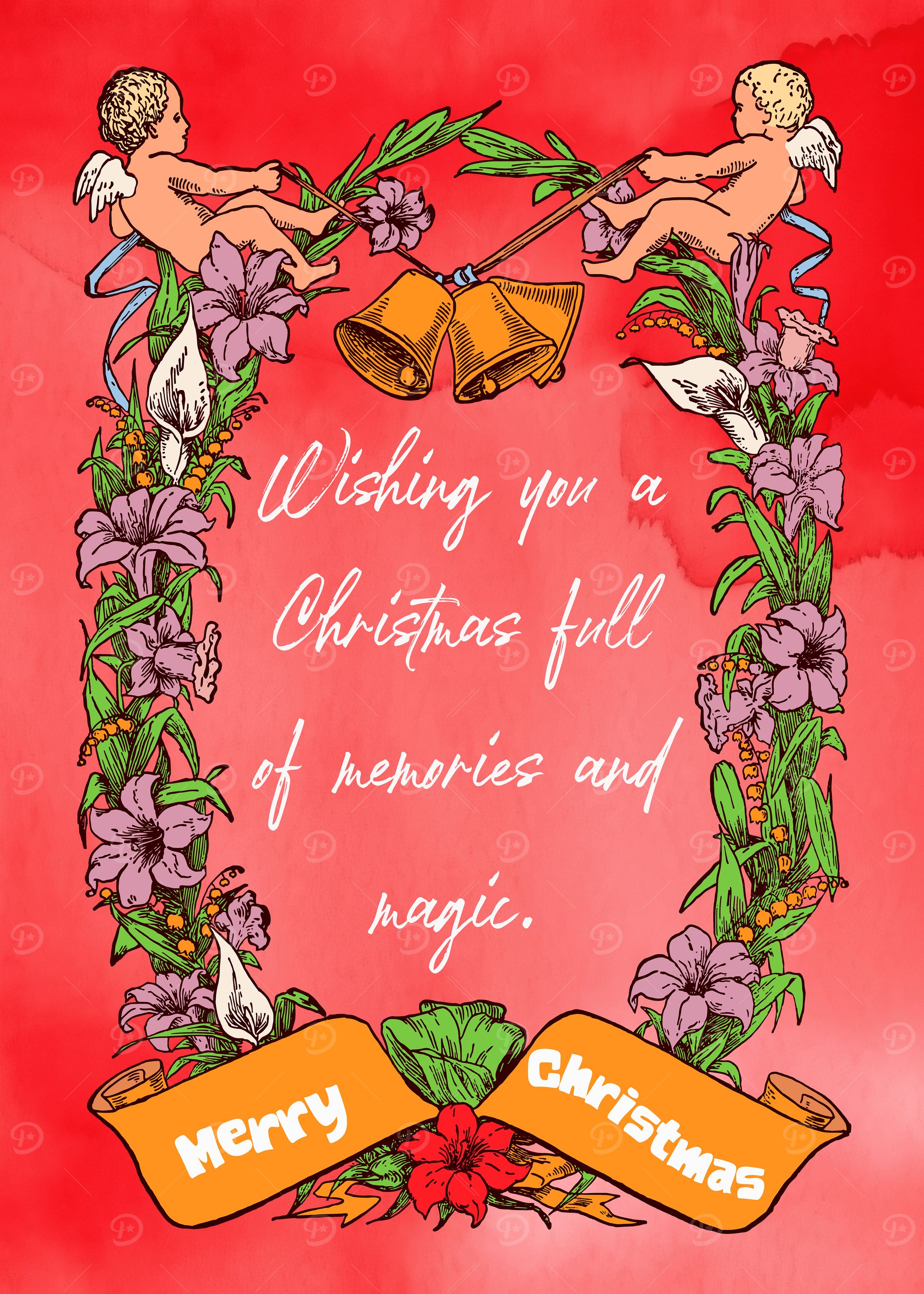 Vintage Christmas card with angels and bells