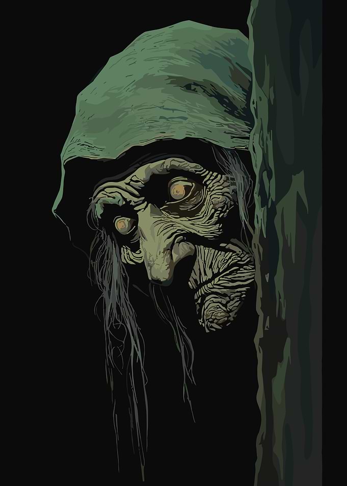 Creepy Witch Peeking from Behind Tree