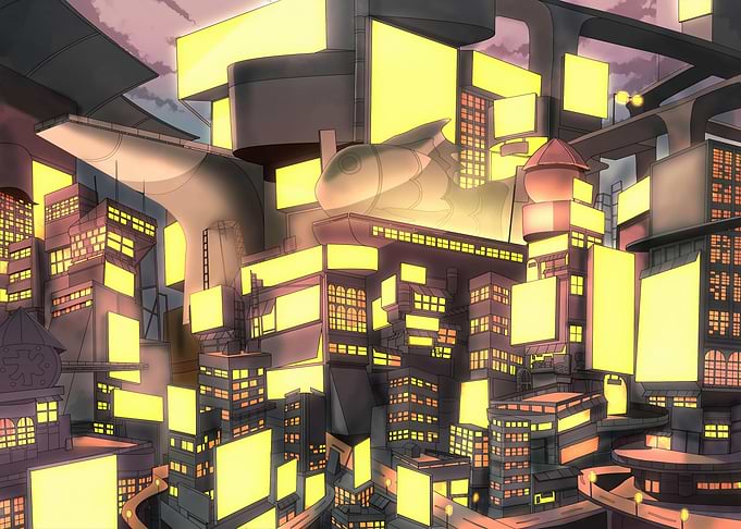 Futuristic Cityscape with Glowing Buildings