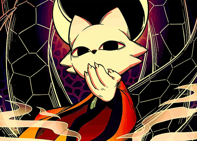 Mystical Cat Character with Crescent Moon