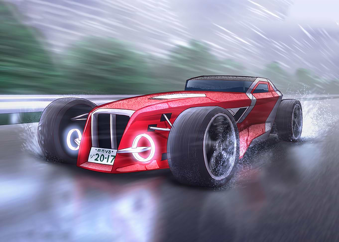 Red Futuristic Car in the Rain