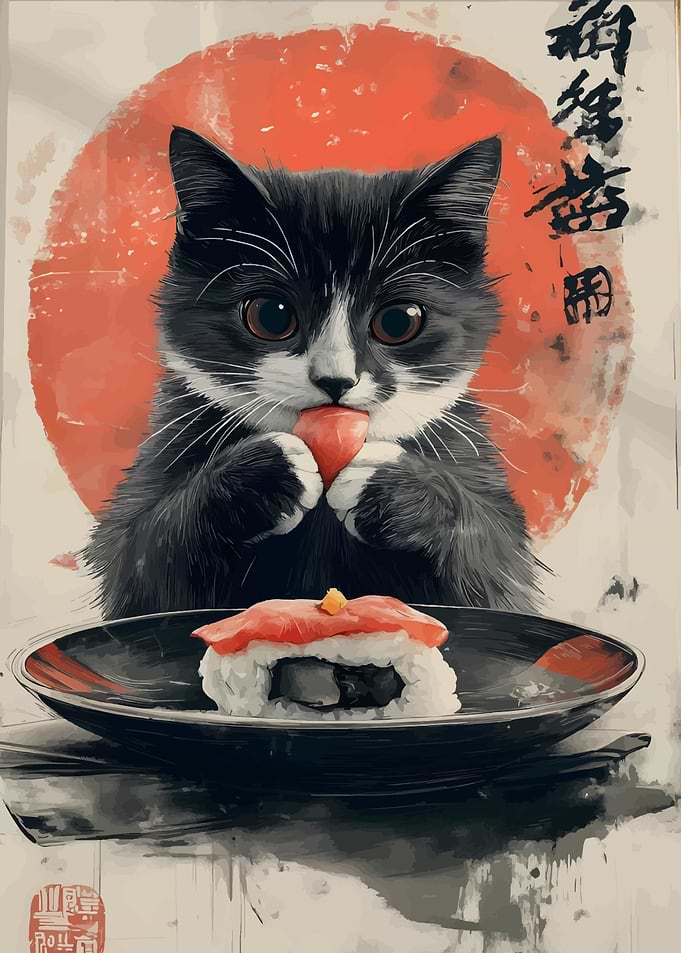 Cat eating sushi with Japanese background
