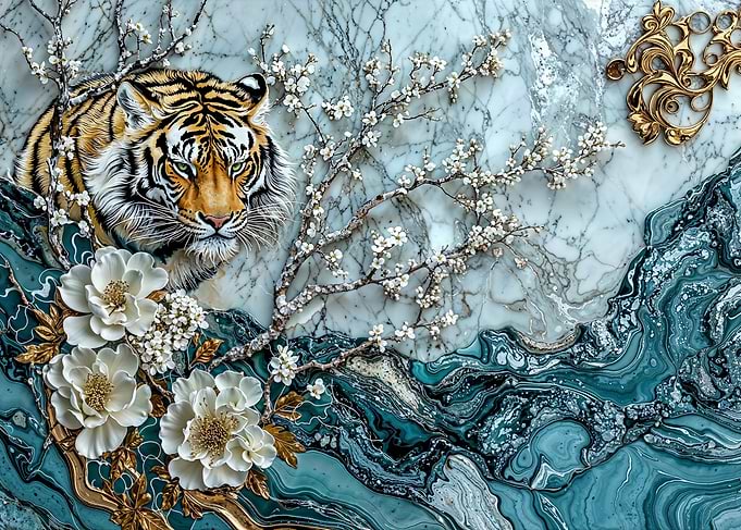 Tiger with Flowers and Marble Background