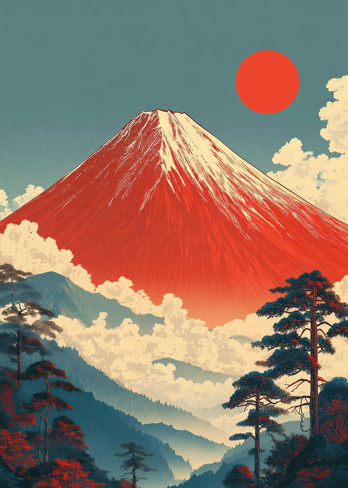 Mount Fuji Landscape with Red Sun