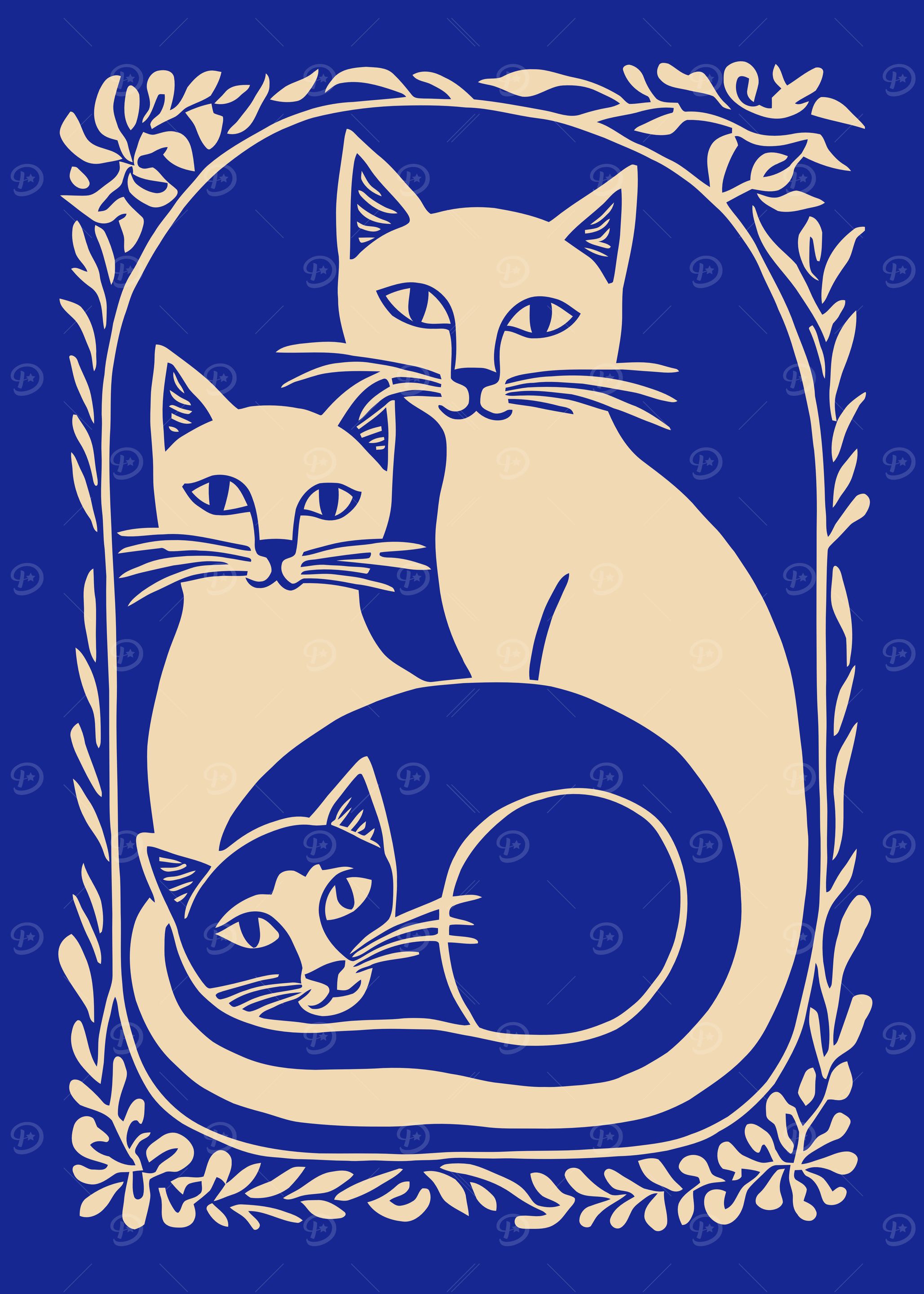 Three Cats in Floral Frame