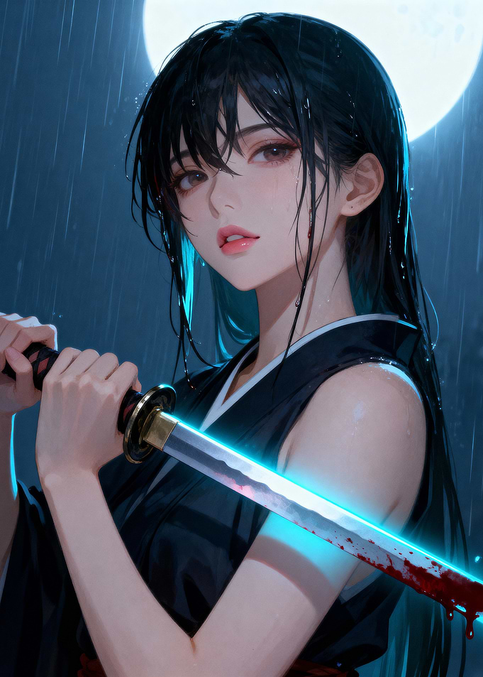 Anime Girl with Katana in Rain