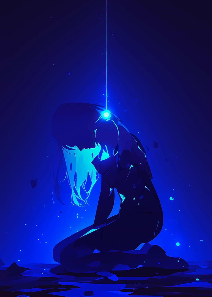 Blue Anime Girl Kneeling